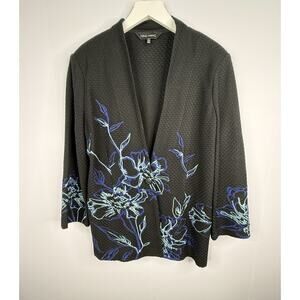 Ming Wang Womens L Knit Cardigan Blazer Jacket Black Floral Wearable Art Modern